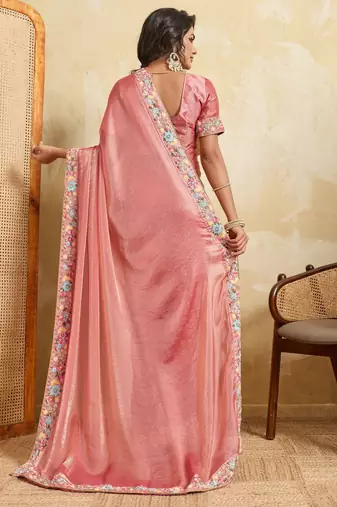 Delightful pink frendy chiffon sequins embroidered with wal-moti work indian designer party wear saree