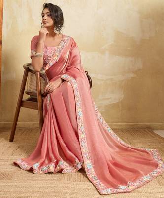Delightful pink frendy chiffon sequins embroidered with wal-moti work indian designer party wear saree 5