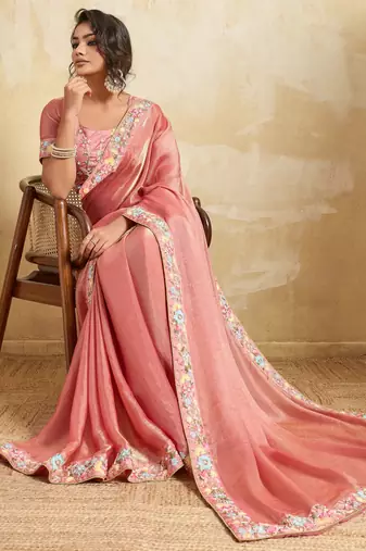 Delightful pink frendy chiffon sequins embroidered with wal-moti work indian designer party wear saree