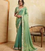 Bewitching pista frendy chiffon sequins embroidered with wal-moti work indian designer traditional sare
