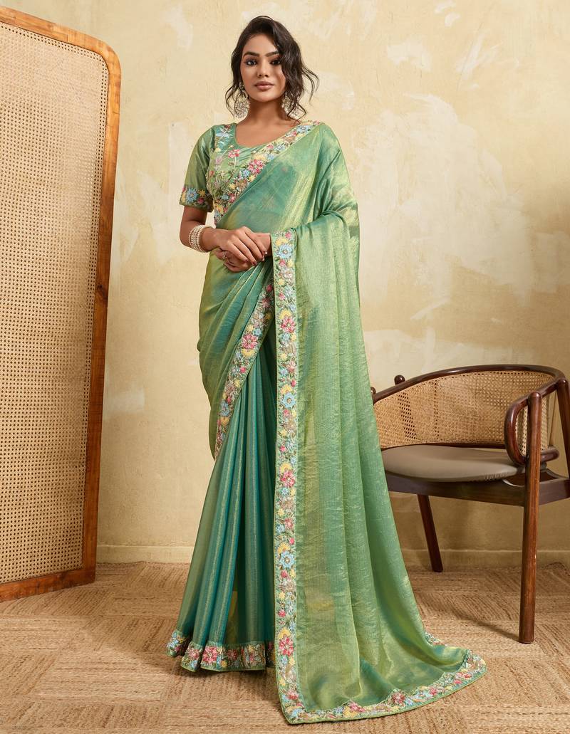 Bewitching pista frendy chiffon sequins embroidered with wal-moti work indian designer traditional sare
