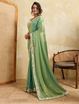 Bewitching pista frendy chiffon sequins embroidered with wal-moti work indian designer traditional sare 3