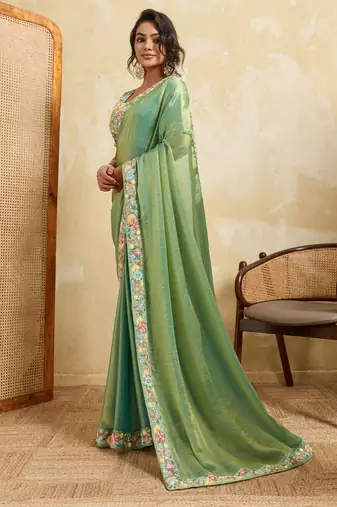 Bewitching pista frendy chiffon sequins embroidered with wal-moti work indian designer traditional sare