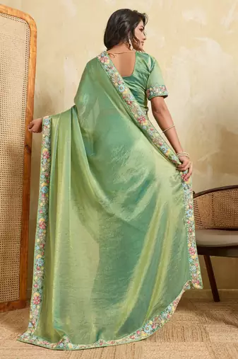 Bewitching pista frendy chiffon sequins embroidered with wal-moti work indian designer traditional sare