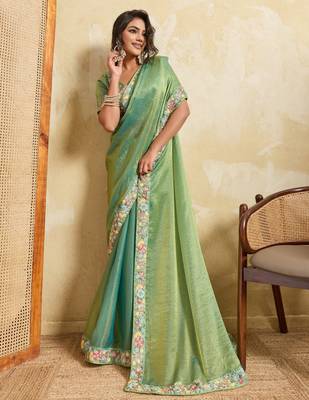 Bewitching pista frendy chiffon sequins embroidered with wal-moti work indian designer traditional sare 5
