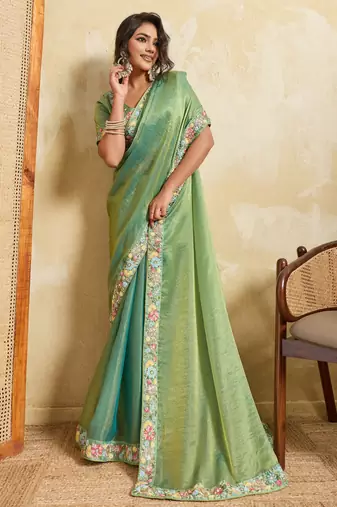 Bewitching pista frendy chiffon sequins embroidered with wal-moti work indian designer traditional sare