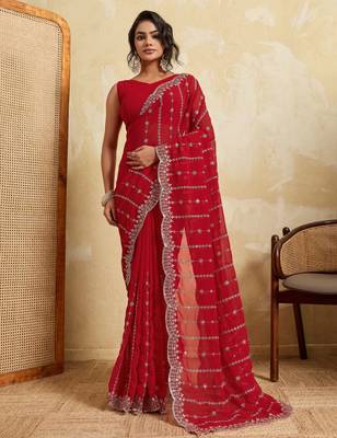 Fetching red georgette silk multi sequins embroidered ceremonial saree 1