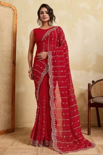 Fetching red georgette silk multi sequins embroidered indian ceremonial saree