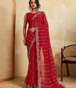 Fetching red georgette silk multi sequins embroidered indian ceremonial saree