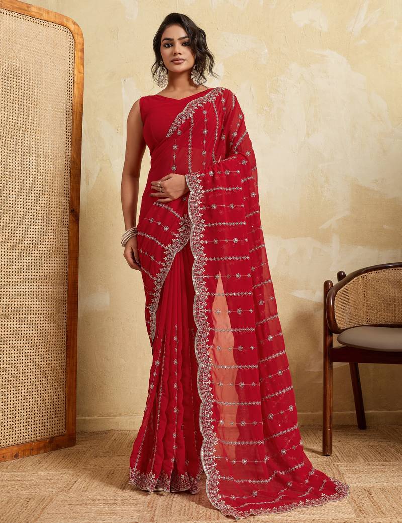 Fetching red georgette silk multi sequins embroidered indian ceremonial saree