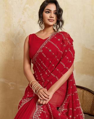 Fetching red georgette silk multi sequins embroidered ceremonial saree 2