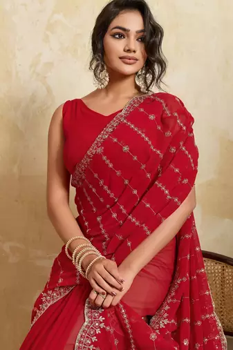 Fetching red georgette silk multi sequins embroidered indian ceremonial saree