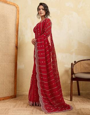 Fetching red georgette silk multi sequins embroidered ceremonial saree 3