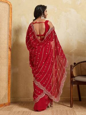 Fetching red georgette silk multi sequins embroidered ceremonial saree 4