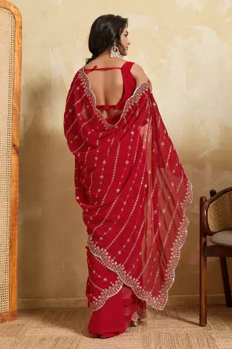 Fetching red georgette silk multi sequins embroidered indian ceremonial saree