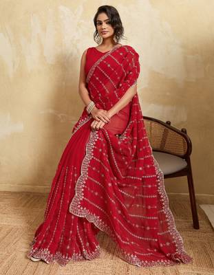 Fetching red georgette silk multi sequins embroidered ceremonial saree 5