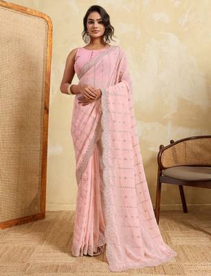 Glamourous pink georgette silk multi sequins embroidered indain festival saree 1