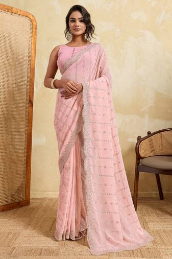 Glamourous pink georgette silk multi sequins embroidered indain festival saree