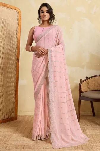 Glamourous pink georgette silk multi sequins embroidered indain festival saree