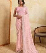 Glamourous pink georgette silk multi sequins embroidered indain festival saree