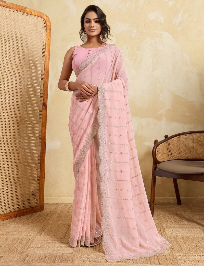 Glamourous pink georgette silk multi sequins embroidered indain festival saree
