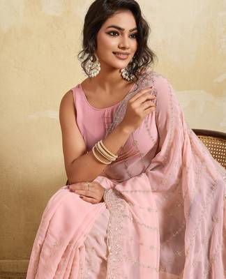 Glamourous pink georgette silk multi sequins embroidered indain festival saree 2