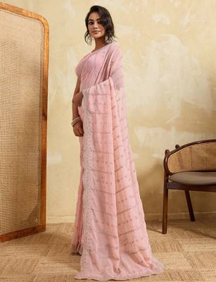 Glamourous pink georgette silk multi sequins embroidered indain festival saree 3