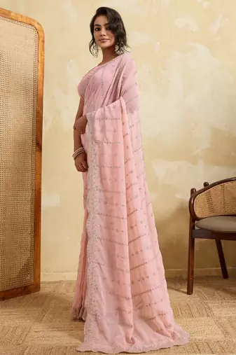Glamourous pink georgette silk multi sequins embroidered indain festival saree