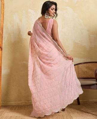 Glamourous pink georgette silk multi sequins embroidered indain festival saree 4