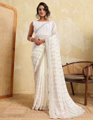 Glamorous white georgette silk multi sequins embroidered indaindesigner bollywood saree 1