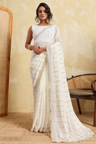 Glamorous white georgette silk multi sequins embroidered indaindesigner bollywood saree