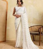 Glamorous white georgette silk multi sequins embroidered indaindesigner bollywood saree