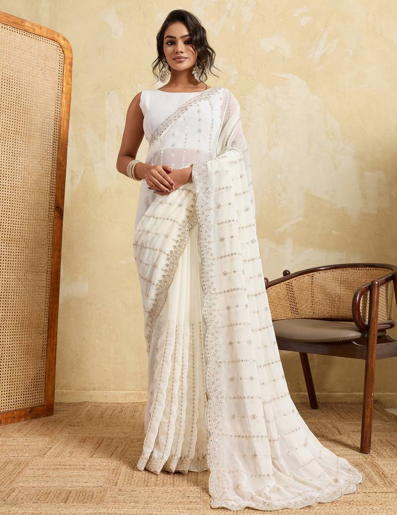 Glamorous white georgette silk multi sequins embroidered indaindesigner bollywood saree