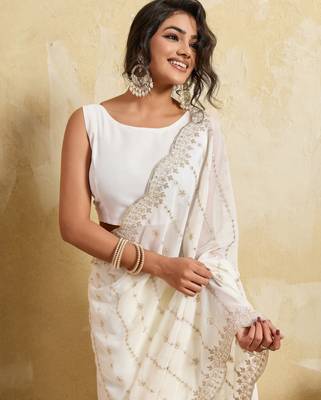 Glamorous white georgette silk multi sequins embroidered indaindesigner bollywood saree 2