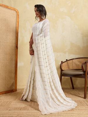 Glamorous white georgette silk multi sequins embroidered indaindesigner bollywood saree 3