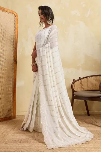 Glamorous white georgette silk multi sequins embroidered indaindesigner bollywood saree