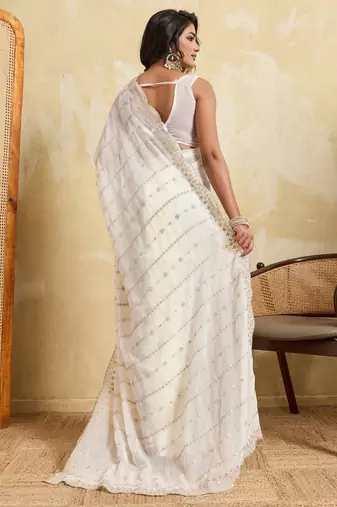 Glamorous white georgette silk multi sequins embroidered indaindesigner bollywood saree