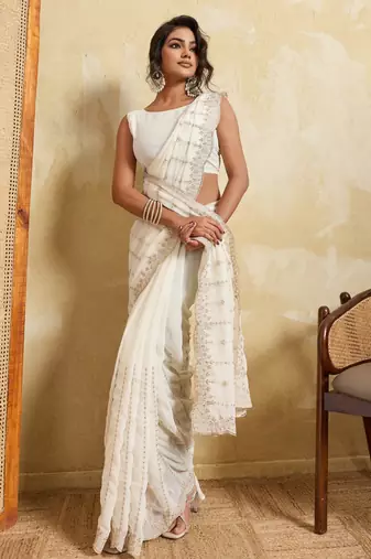 Glamorous white georgette silk multi sequins embroidered indaindesigner bollywood saree