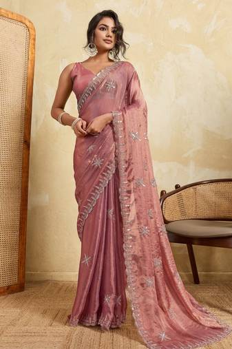 Graceful pink frendy chiffon multi sequins embroidered indina wedding saree