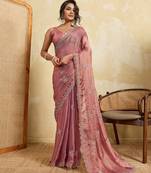 Graceful pink frendy chiffon multi sequins embroidered indina wedding saree