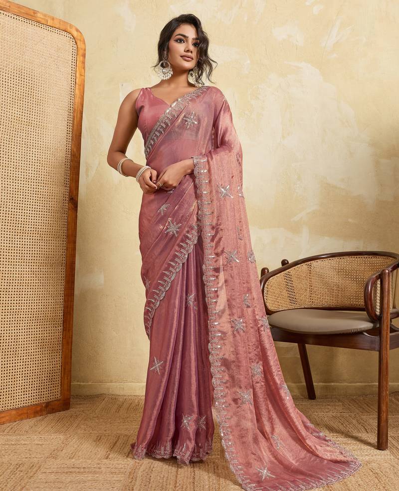 Graceful pink frendy chiffon multi sequins embroidered indina wedding saree