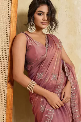 Graceful pink frendy chiffon multi sequins embroidered indina wedding saree