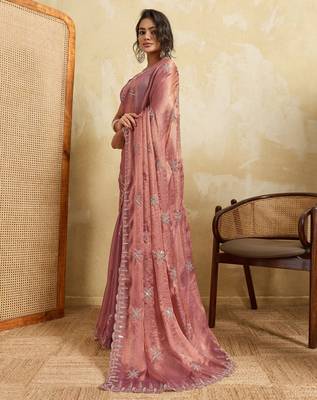 Graceful pink frendy chiffon multi sequins embroidered indina wedding saree 3