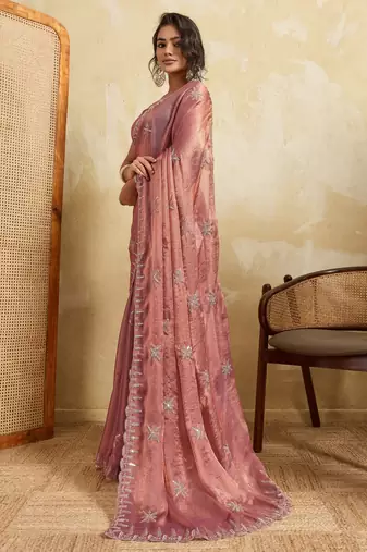 Graceful pink frendy chiffon multi sequins embroidered indina wedding saree