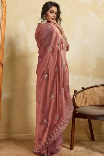 Graceful pink frendy chiffon multi sequins embroidered indina wedding saree