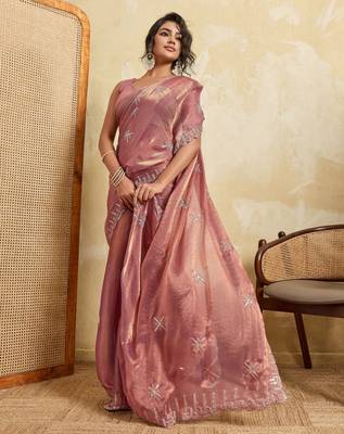 Graceful pink frendy chiffon multi sequins embroidered indina wedding saree 5