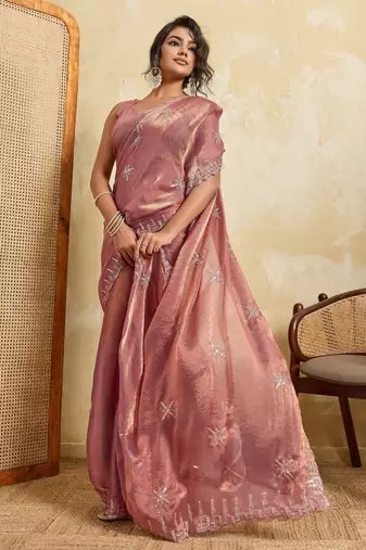 Graceful pink frendy chiffon multi sequins embroidered indina wedding saree