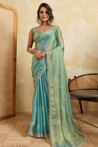 Charming firozi frendy chiffon multi sequins embroidered indian party wear saree