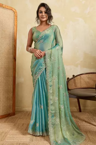 Charming firozi frendy chiffon multi sequins embroidered indian party wear saree