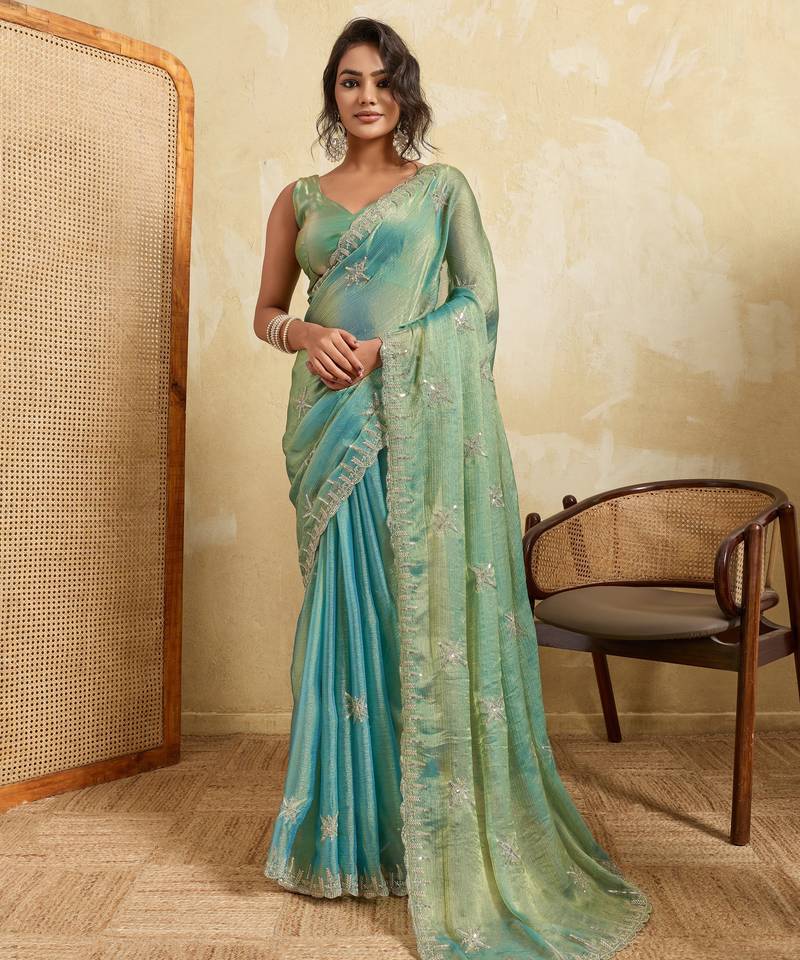 Charming firozi frendy chiffon multi sequins embroidered indian party wear saree